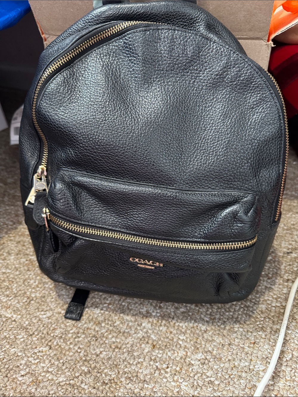 Coach Black Pebbled Leather Backpack with Gold Zippers